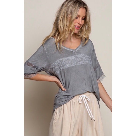 POL Tops - POL Mystic Grey V Neck Lace Trimmed Rayon Jersey Tee